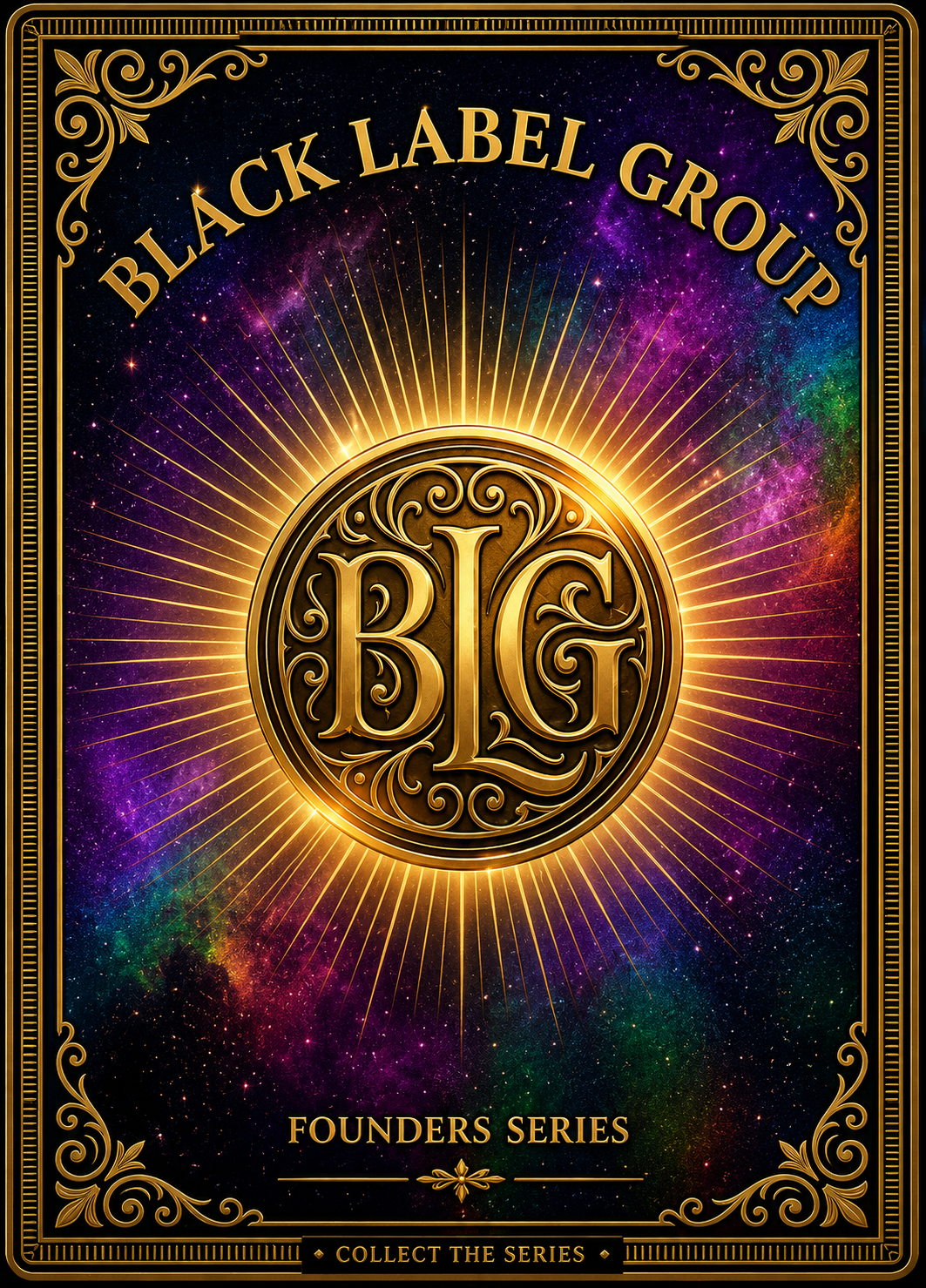 BLG SF MVRKET Founders Card back — Black Label Group sun-medallion crest