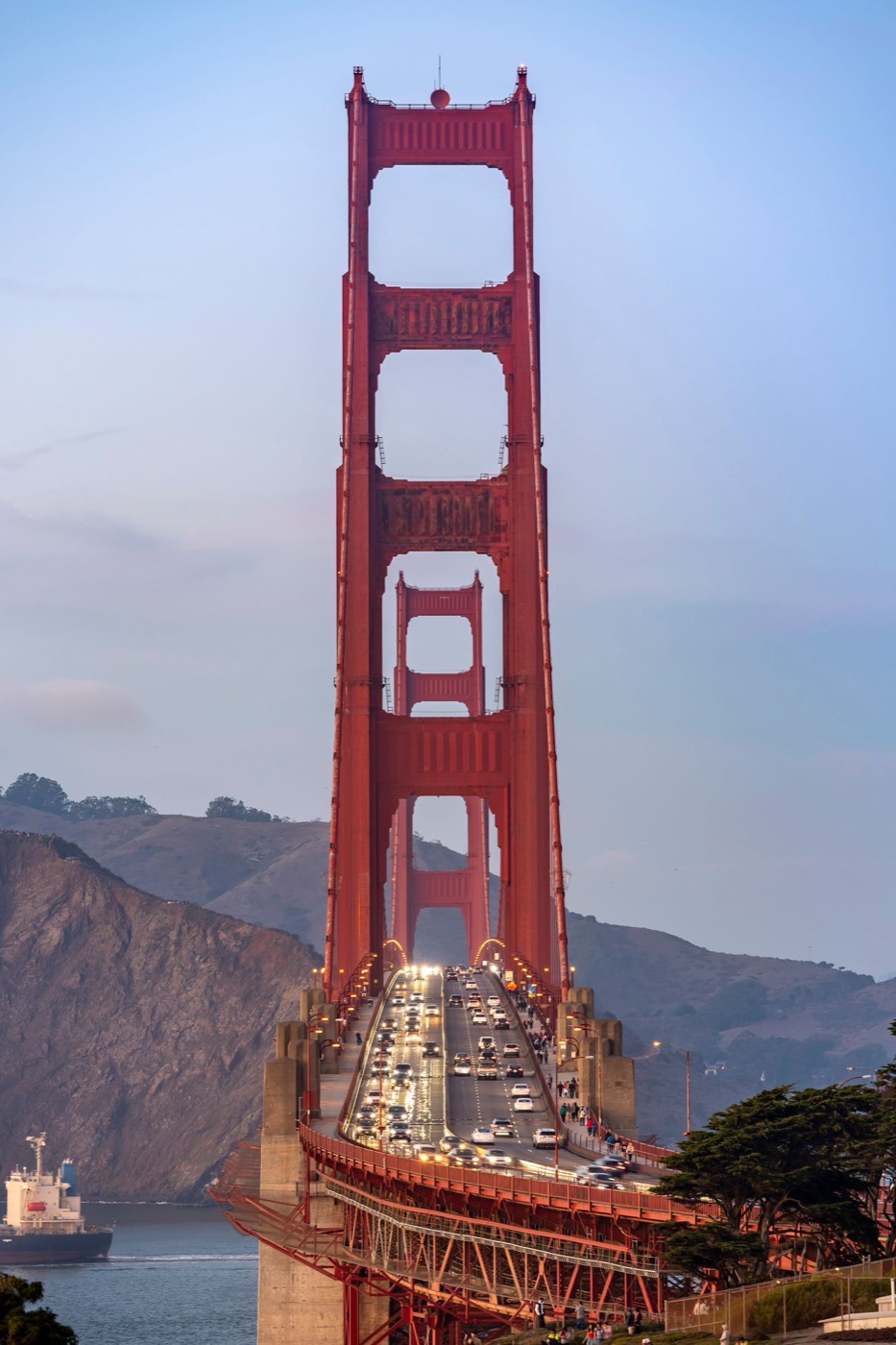 The Golden Gate Bridge tower at dusk