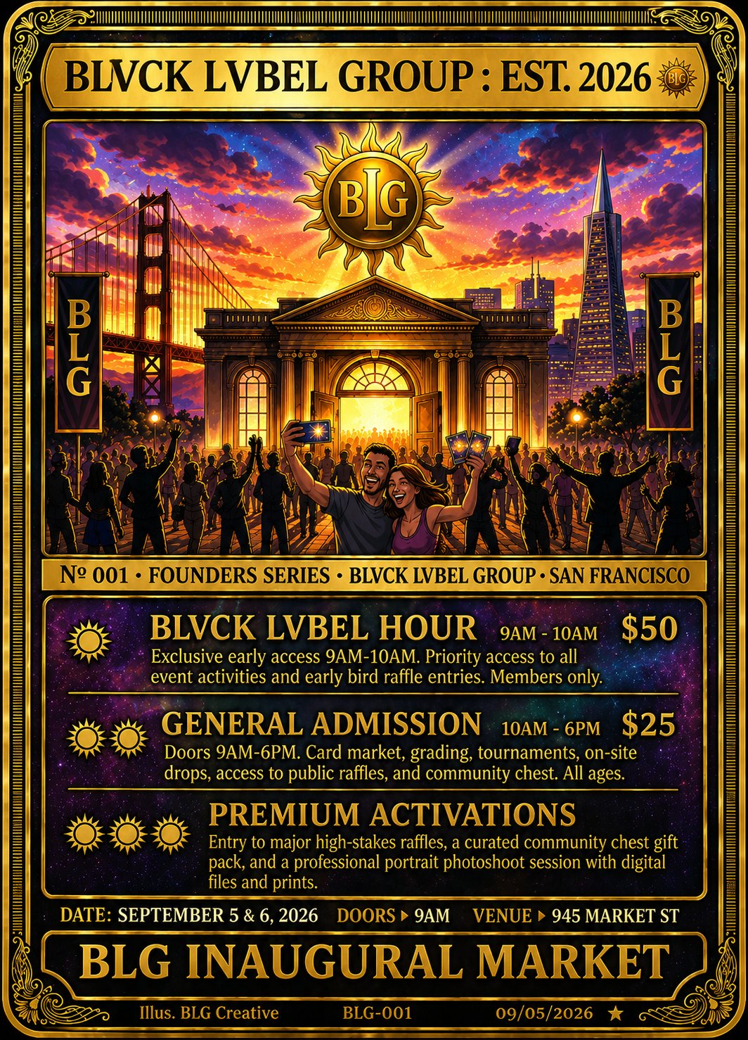 BLG SF MVRKET Founders Card front — illustrated Golden Gate Bridge, glowing venue, and BLG sun medallion