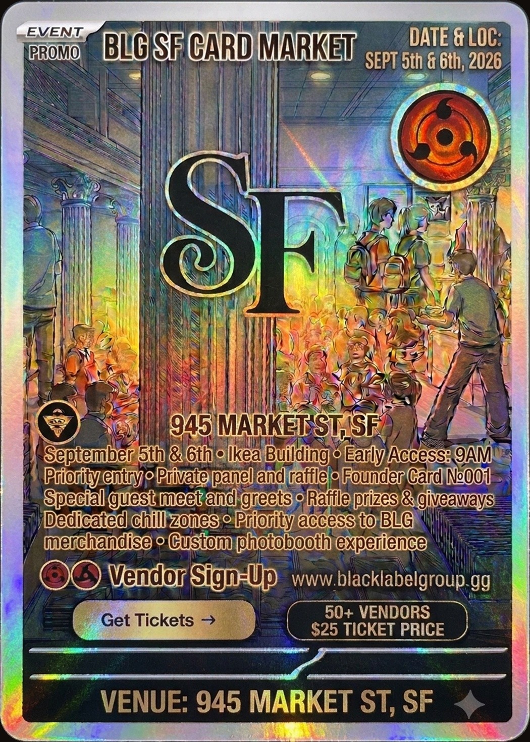 BLG SF MVRKET Founders Card front — illustrated Golden Gate Bridge, glowing venue, and BLG sun medallion