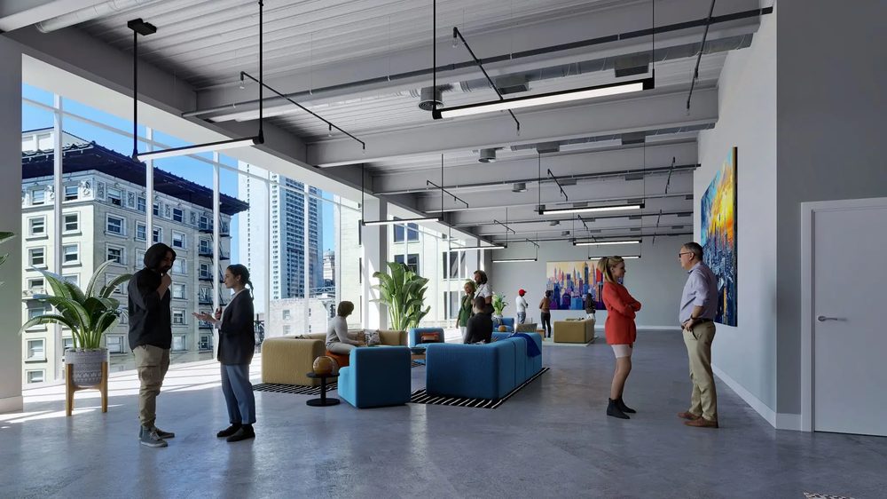The 945 Market event floor with lounge seating, gallery art, and city-view windows