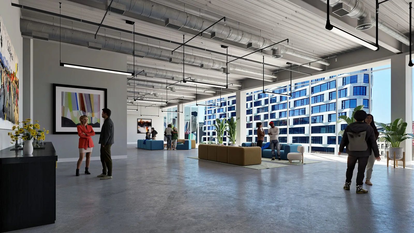 Bright open event floor at 945 Market with exposed industrial ceiling, concrete floors, and floor-to-ceiling windows overlooking San Francisco