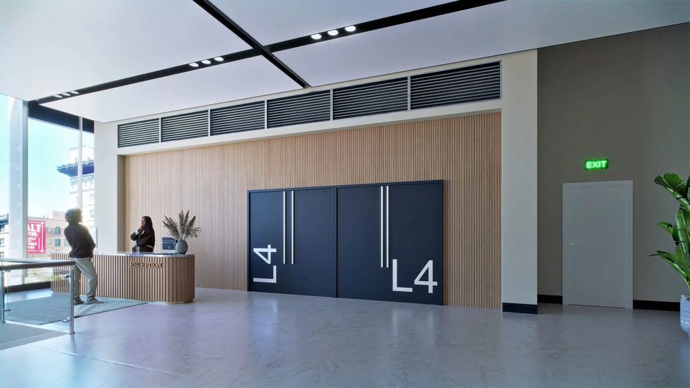 945 Market building reception lobby with wood-slat wall and floor signage